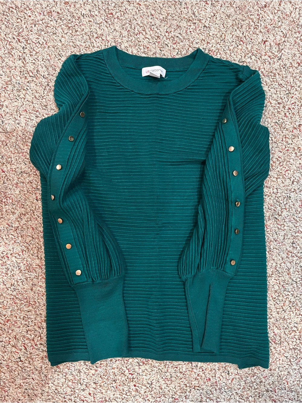 Liz Claiborne Teal Ribbed Puff-Sleeve Sweater with Gold Buttons